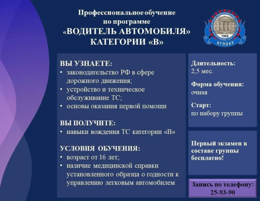 В Камполитехе вы можете пройти обучение по программе подготовки «Водитель автомобиля» категории «В» 1